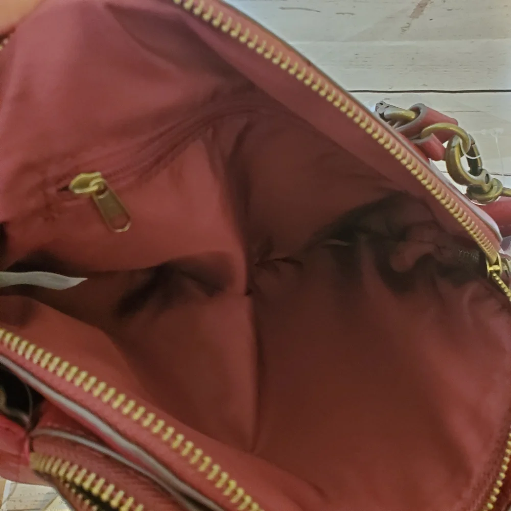 Time and Tru recycled materials vinyl Palms Satchel red